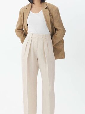 Arket High-Waist Pleated Linen straight -Leg Trousers in Beige, EU 34